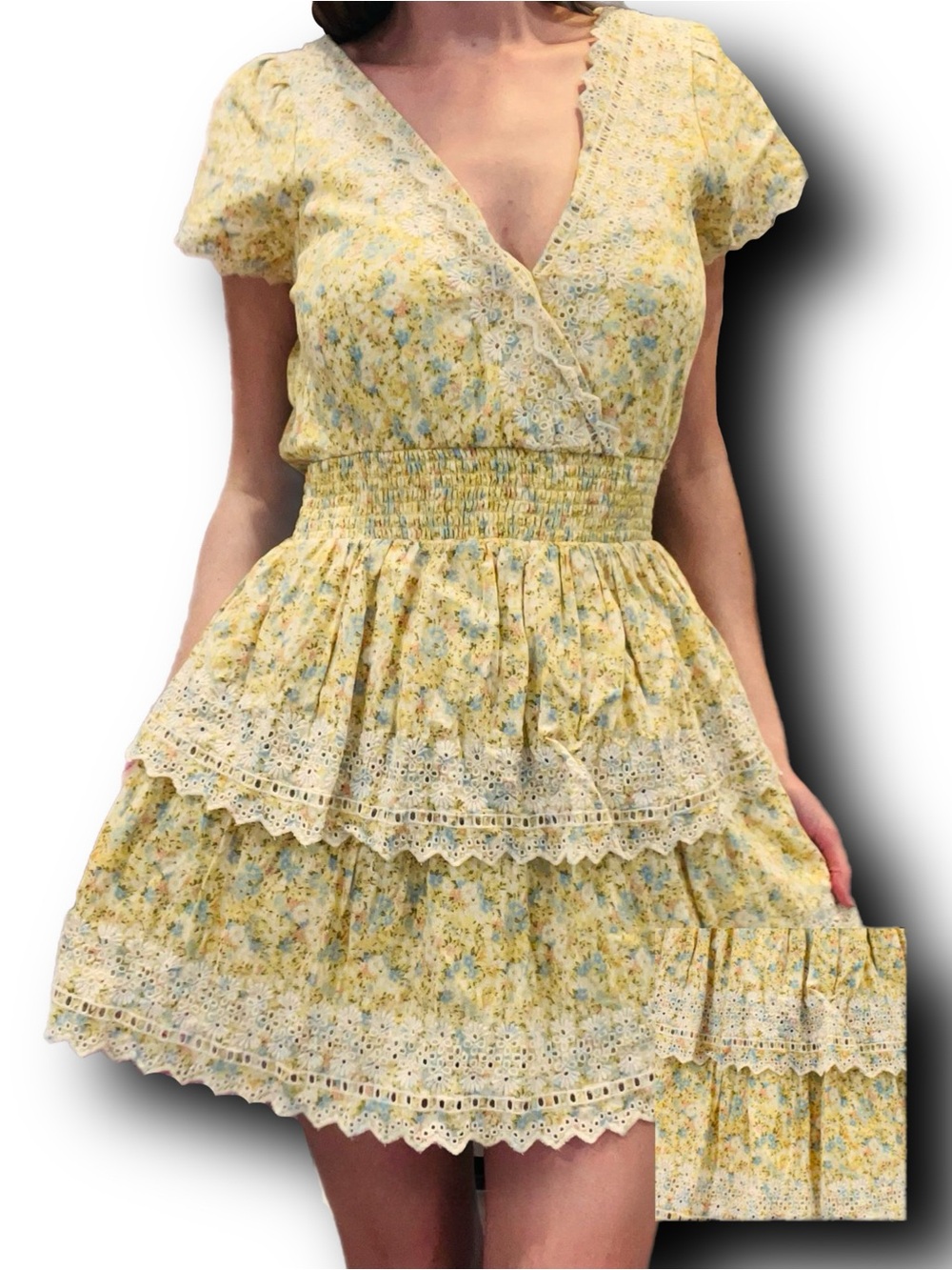 American Eagle Garden Party Tiered Mini Dress with Lace & Ruffles Cottagecore